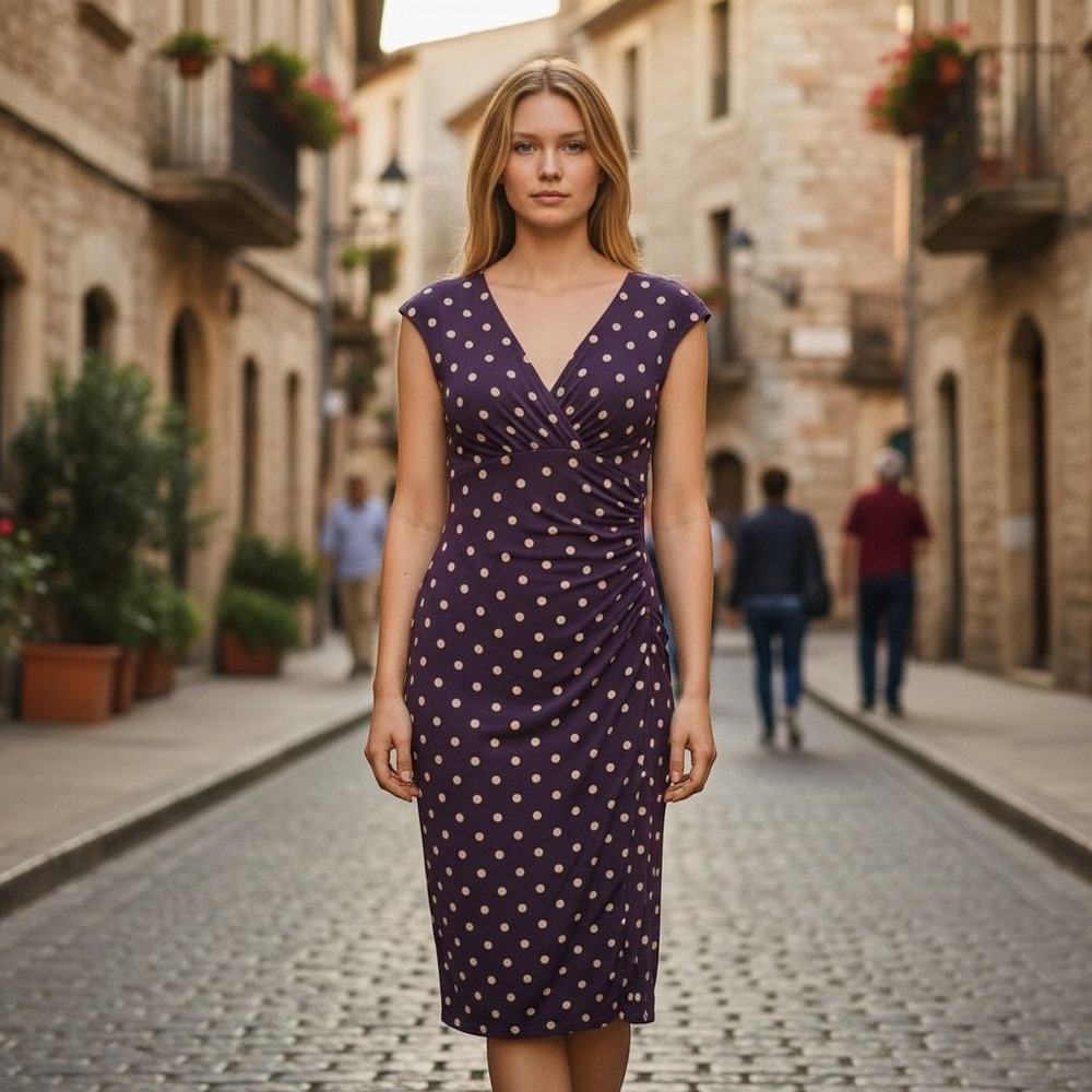 Lauren Ralph Lauren Sheath Dress Womens 2 Purple Polka Dot Ruched Faux Wrap Knee